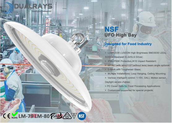 Caja fuerte de la bahía IP69 IK10 Cercificated del UFO de la industria alimentaria del NSF de Dualrays alta para la fábrica de la comida