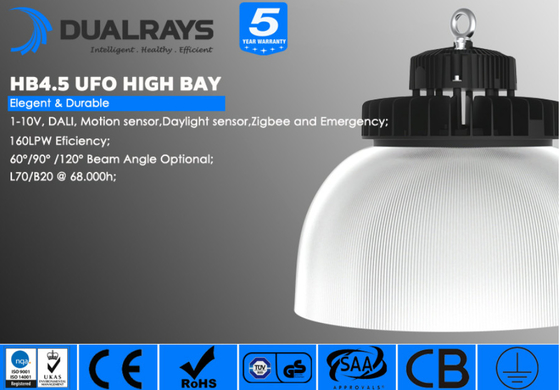 Iluminación comercial del UFO de la alta luz 17000LM IP65 IK08 de la bahía de Dualrays 100W HB4.5 LED