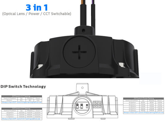 Campana industrial Super HB5 3 en 1 con lente óptica conmutable por DIP (60°/90°/110°), potencia (100%-80%-60%), 3 CCT opcionales
