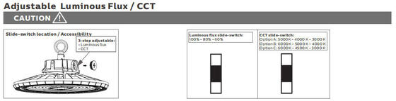 HB2 DIP conmutable de energía y 3CCT UFO LED High Bay Light 100W 150LPW con función de emergencia opcional