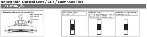 Luz de bahía alta LED con ajustes conmutables DIP para potencia y temperatura de color con múltiples opciones de ángulo de haz para uso industrial
