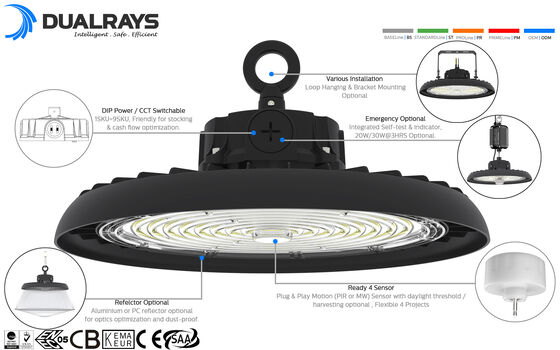 HB3 DIP de energía conmutable y 3CCT UFO LED High Bay Light 100W 192LPW con sensor listo (PIR / sensor de movimiento)