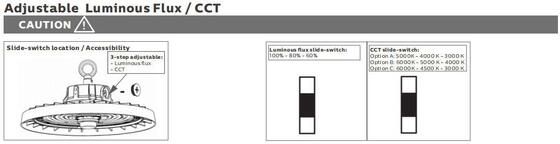 HB3H DIP de energía conmutable y 3CCT UFO LED High Bay Light 100W 150LPW con 20W/30W @ 3 horas Función de emergencia opcional