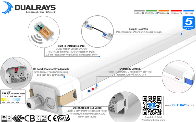 Luz LED a prueba de humedad D5 de 5 pies/60W con potencia conmutable por DIP/3CCT y 1-10V, DALI, sensor de movimiento, sensor de luz diurna, Zigbee y función de emergencia
